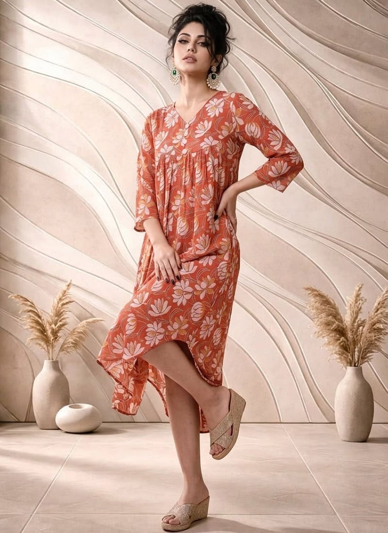Orange Printed Cotton Flared Midi Dress After Six Wear
