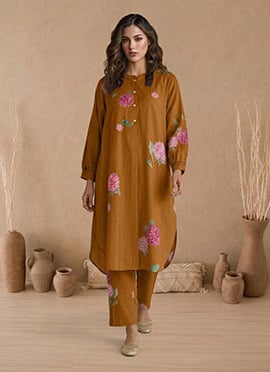 Orange Printed Cotton Kurta Set