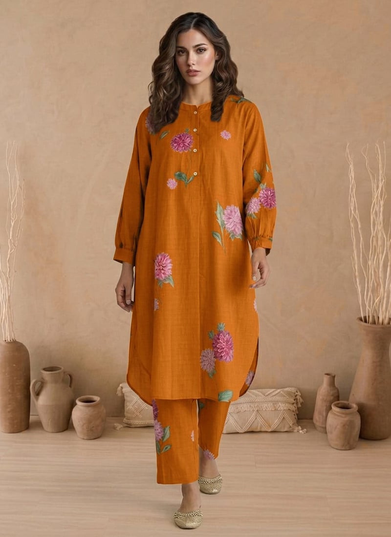 Orange Printed Cotton Kurta Set After Six Wear