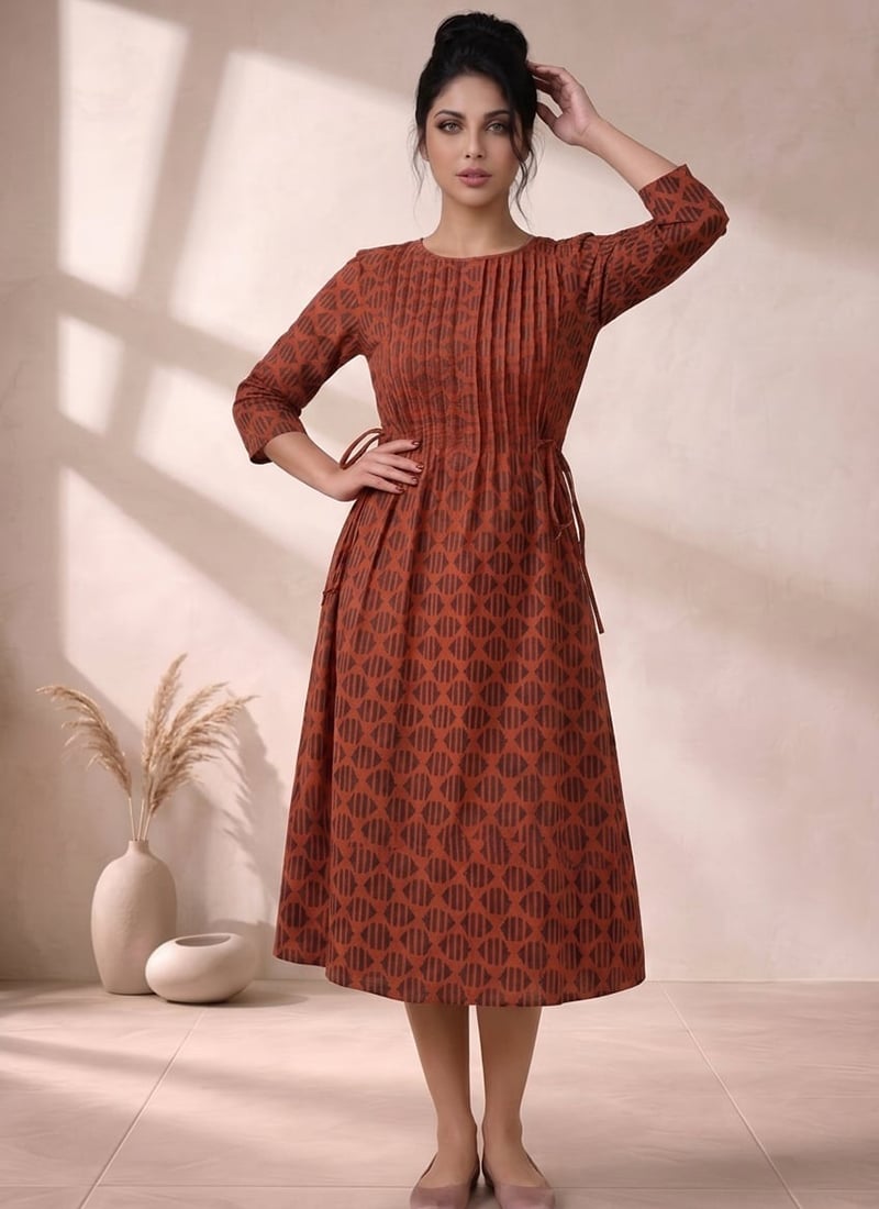 Orange Printed Cotton Midi Dress After Six Wear