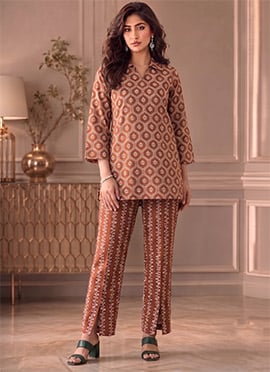 Orange Printed Cotton Straight Top Pant Set
