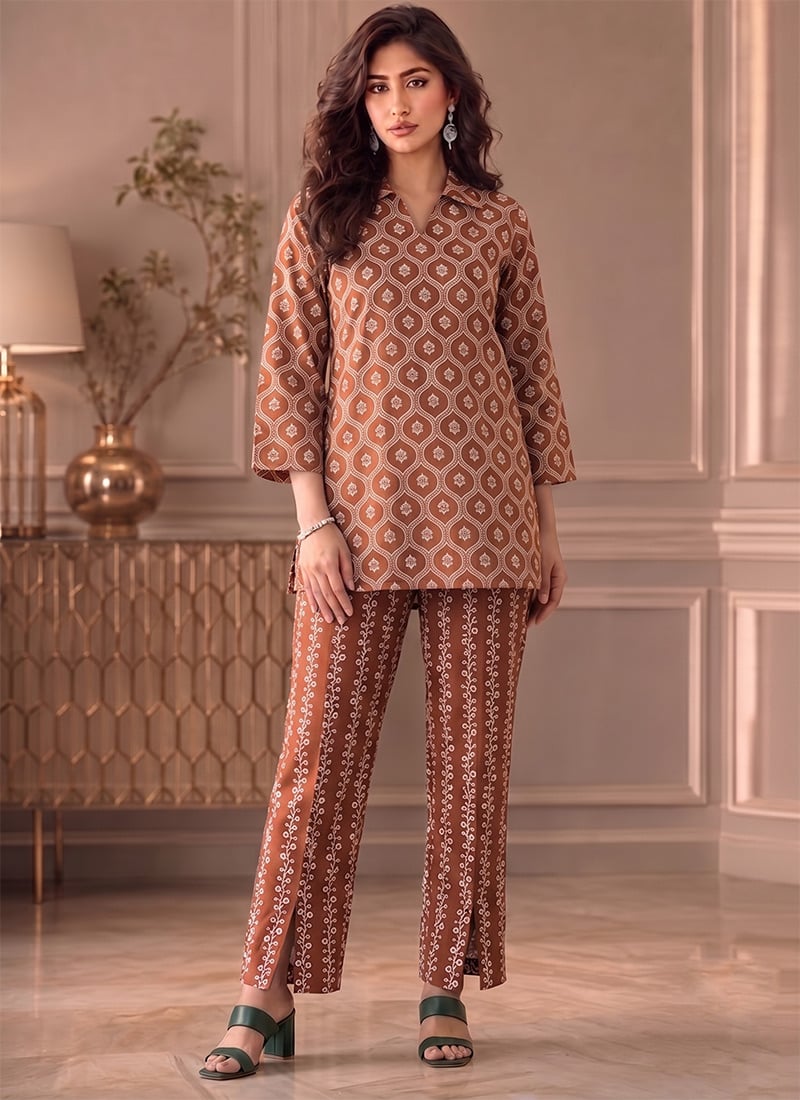 Orange Printed Cotton Straight Top Pant Set After Six Wear