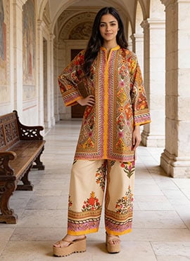 Orange Printed Indowestern Co ord Set