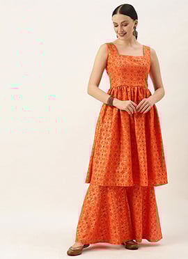 Orange Printed Kurta N Gharara Set