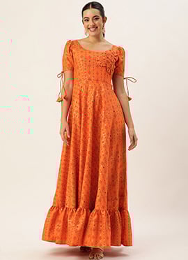 Teen Girls Orange Rayon Applique Design Gown