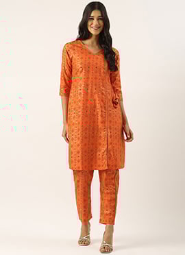 Orange Rayon Printed Kurta Straight Pant Set