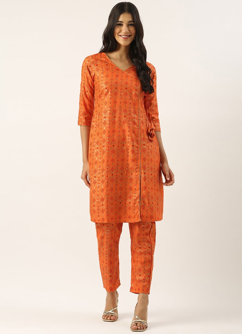 Teen Girls Orange Rayon Printed Kurta Straight Pant Set Festive Wear