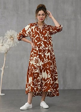 Orange Rayon Printed Midi Dress
