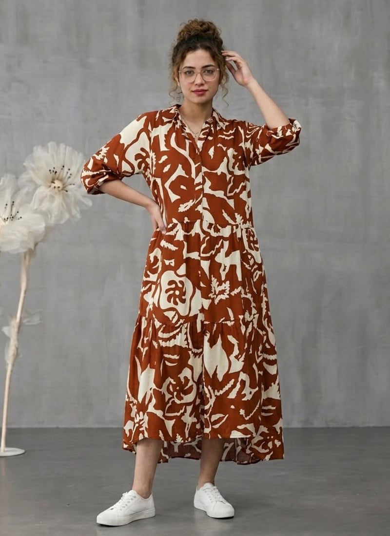Orange Rayon Printed Midi Dress After Six Wear