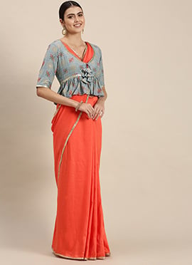 Orange Saree N Blouse With Blue Jacket