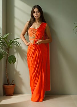 Orange Satin Zardosi Dabaka Hand Embroidered Pre Draped Saree