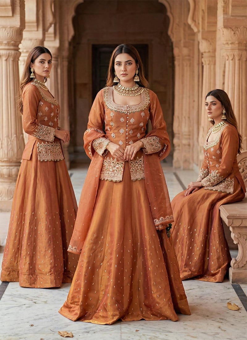 Orange Shimmer Silk Embroidered Sequins Long Choli Lehenga Festive Wear