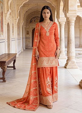 Orange Shimmer Silk Embroidered Sequins Palazzo Suit With Bandhani Print Dupatta