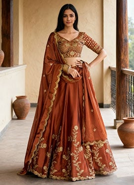 Orange Silk Zari And Sequins Embroidered Umbrella Lehenga Wedding Wear