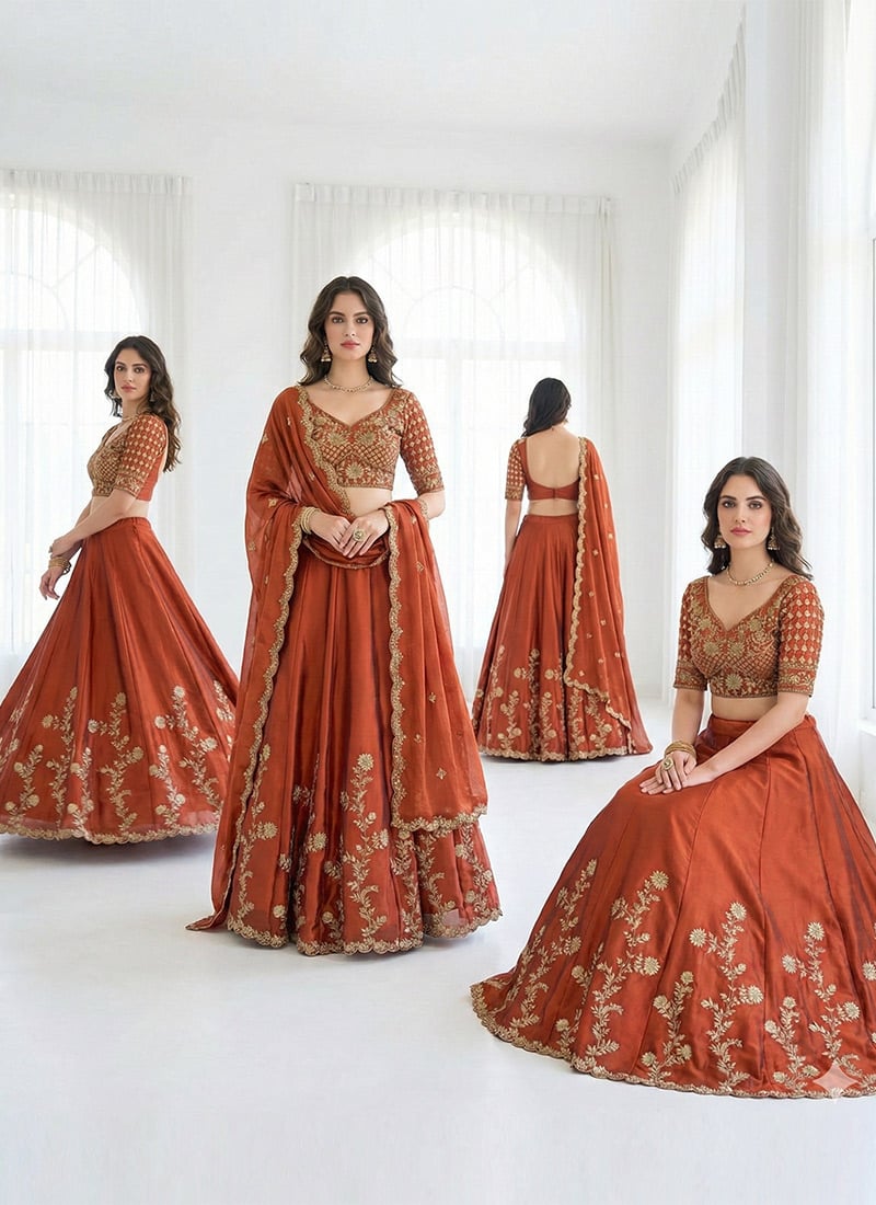 Orange Silk Zari And Sequins Embroidered Umbrella Lehenga Wedding Wear