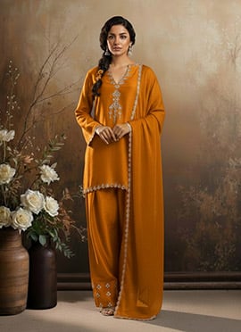 Orange Silk Zari Mirror Work Farshi Style Salwar Suit