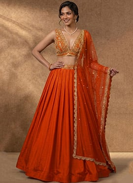 Orange Silk Zari Sequins Embroidered Lehenga