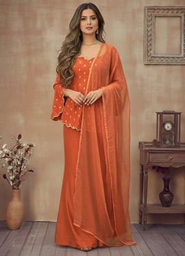 Orange Silk Zari Sequins Festive Palazzo Suit