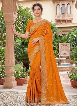Orange Vichitra Silk Zari Embroidery Saree