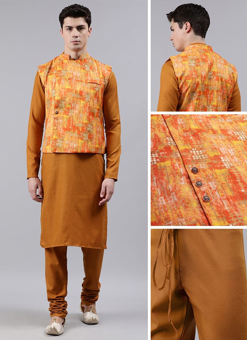 Orange Yellow Foil Print Bandi With Kurta Set Wedding Wear Party Wear