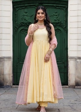Pale Yellow Cotton Jarkan Work Anarkali Suit