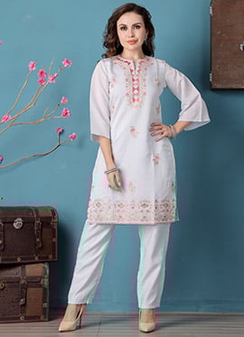 Teen Girls Pastel Blue Embroidered Straight Pant Suit