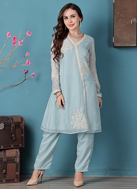 Teen Girls Pastel Blue Organza Overlapped Kurta Set