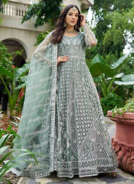 Pastel Green Net Zari Embroidered Anarkali Suit