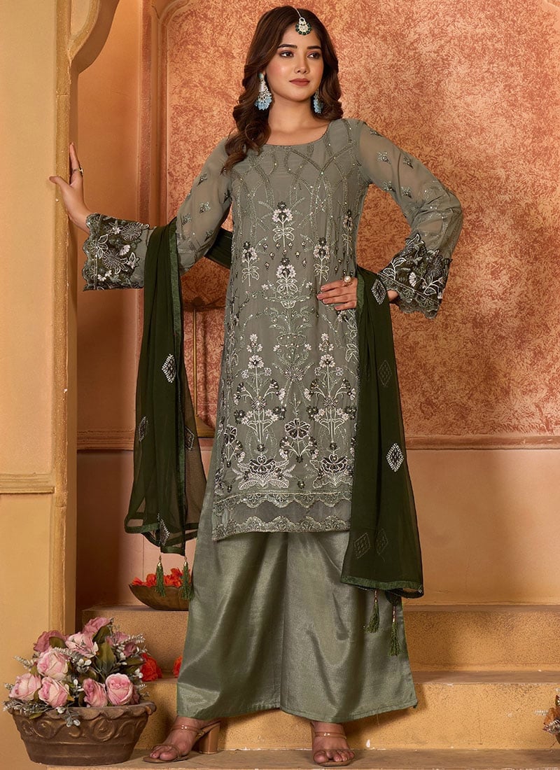 Pastel Green Sequins Embroidered Pakistani Suit
