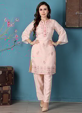 Peach Art Silk Embroidered Straight Pant Suit