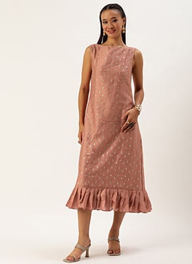 Peach Art Silk Foil Print Dress