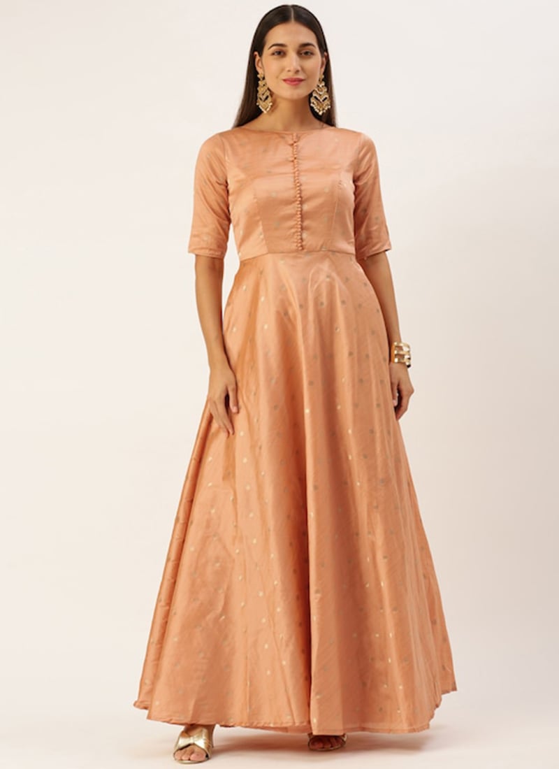 Peach Art Silk Jacquard Floor Length Gown