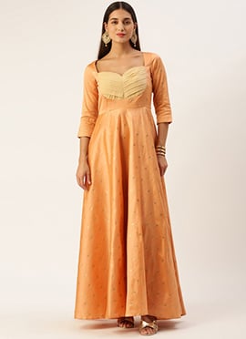 Peach Art Silk Jacquard Pleated Yoke Gown