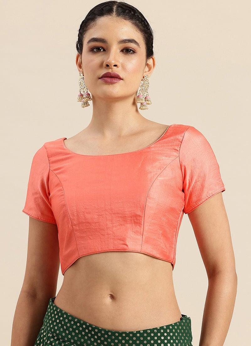 Peach Art Silk Round Neck Blouse Work Wear