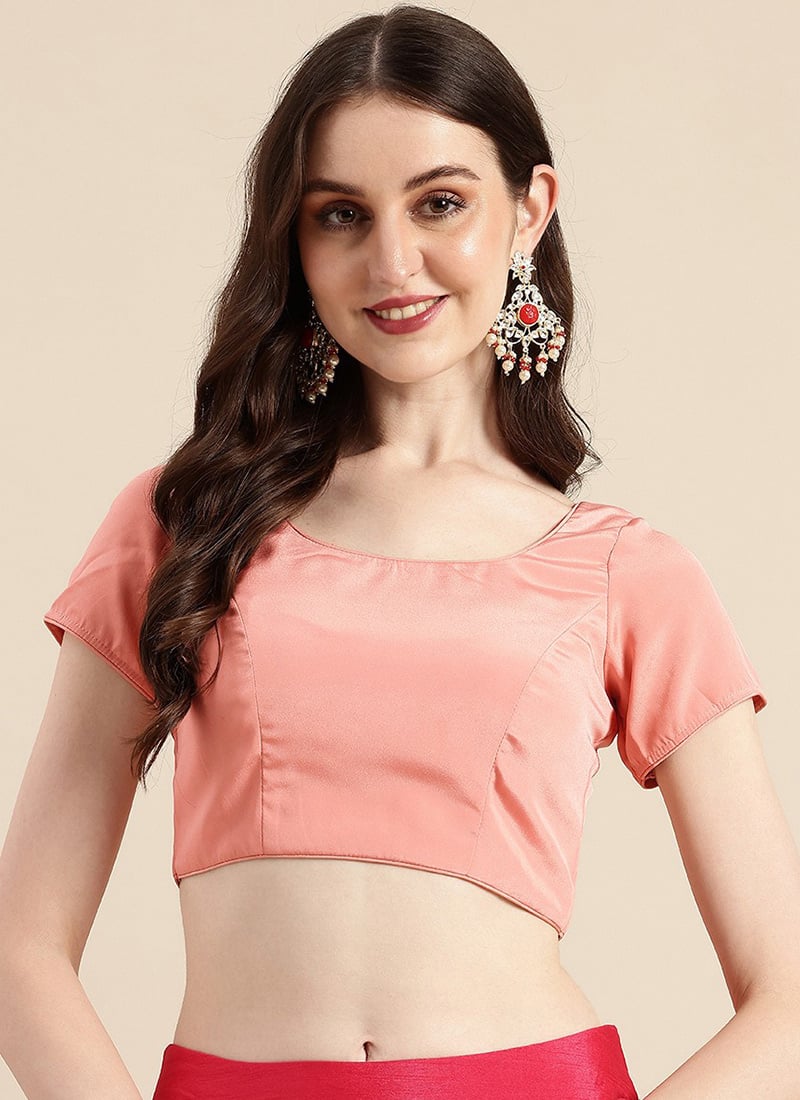 Peach Art Silk Round Neck Blouse Work Wear