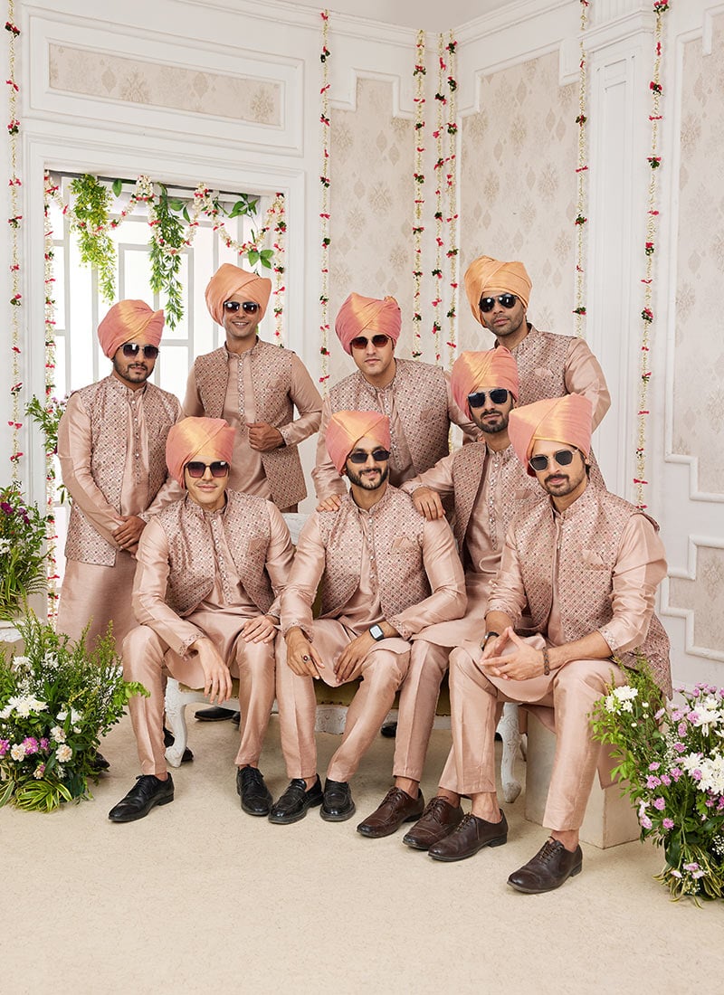 Peach Banarasi Silk Embroidered Bandi Set Wedding Wear