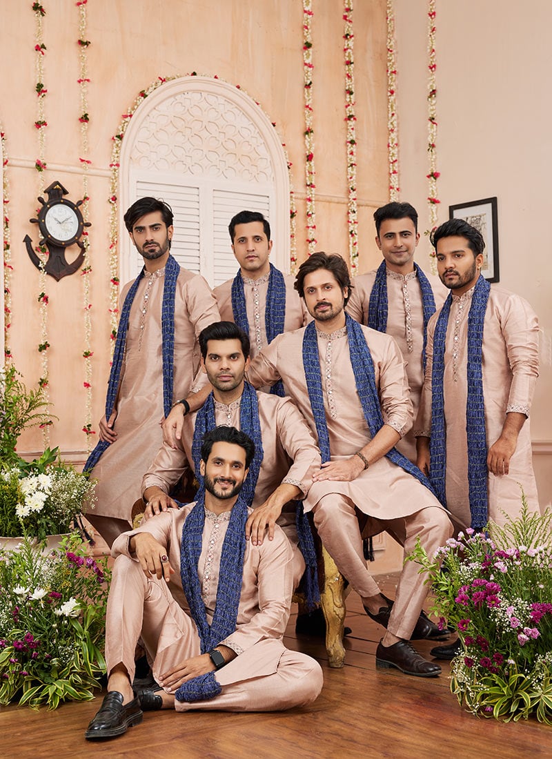 Peach Banarasi Silk Embroidered Kurta Pyjama With Stole For Men Festive Wear