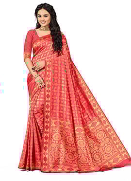 Peach Banarasi Silk Woven Saree
