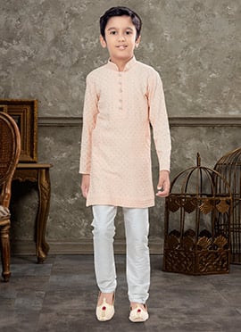 Peach Blended Cotton Kids Boys Kurta Pyjama