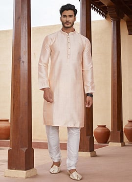 Peach Brocade Jacquard Silk With Zari Work  Kurta Pyjama