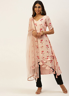 Peach Chanderi Modal Satin Straight Pant Suit