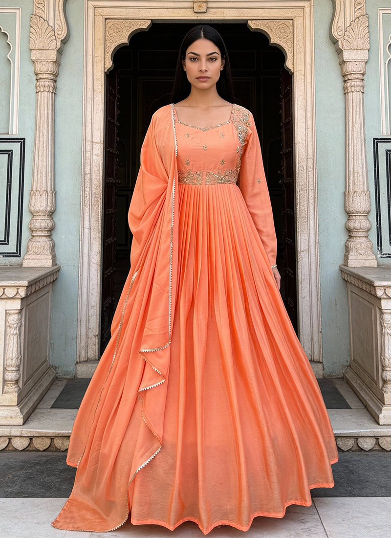 Peach Chinon Sequins Mirror Work Anarkali Suit Festive Wear