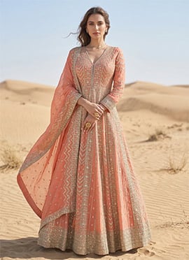 Peach Chinon Silk Zari And Embroidered Sequins A Line Anarkali Suit