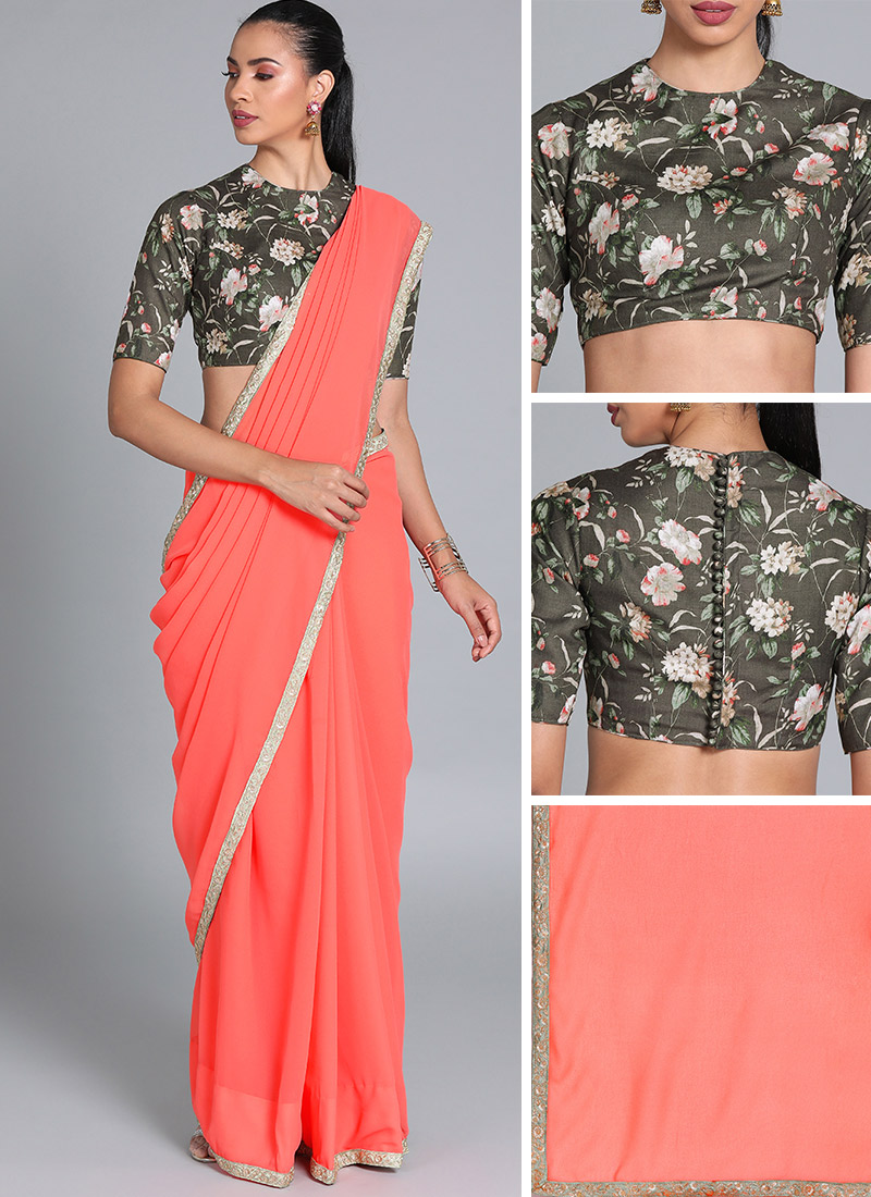 Peach Closed Neck Saree Festive Wear