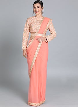 Peach Closed Neck Embroidered Saree