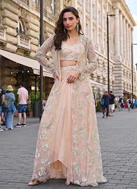 Peach Crepe Silk Embroidered Indowestern Dhoti Set With Jacket