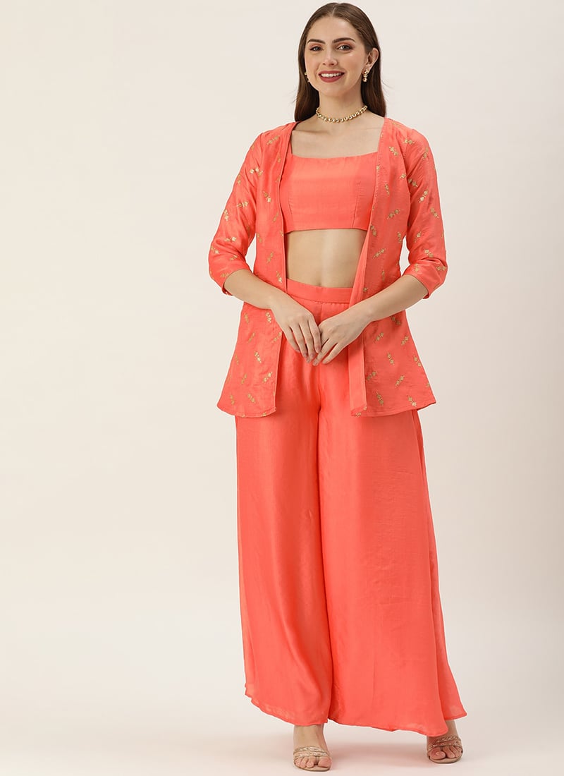 Peach Embroidered Art Silk Jacket Set Festive Wear