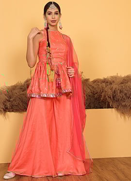 Peach Embroidered Art Silk Palazzo Suit