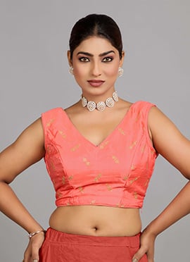 Peach Embroidered Art Silk V Neck Blouse