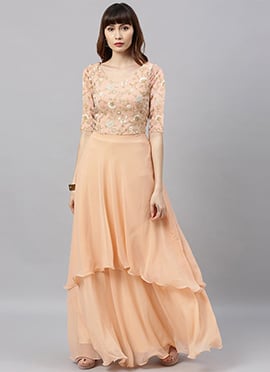 Teen Girls Peach Embroidered Double Layered Floor Length Gown